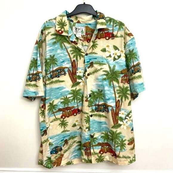 Vtg KY's Hawaiian Shirt Men's L Tropical Wood Panel Cars Surf Boards Palm Trees - Picture 1 of 7